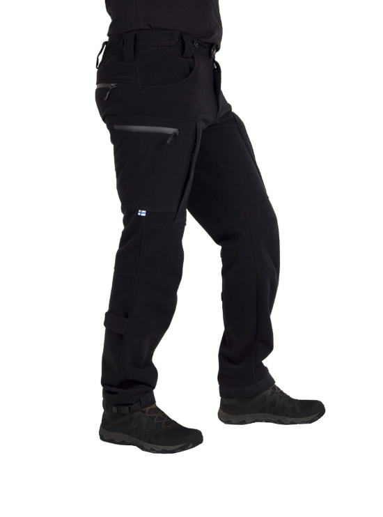 Repo Extreme Karelia Black outdoor trousers from the side on a model