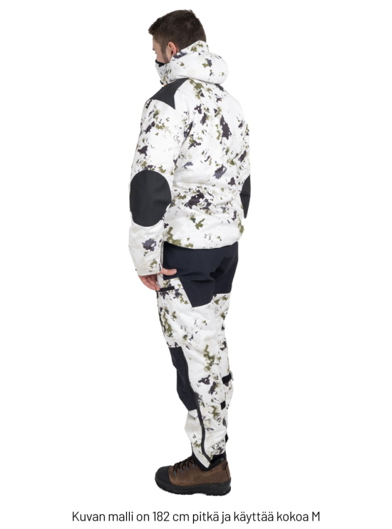 Naruska snow camo hunting suit with model from the back