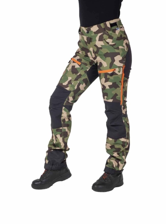Nokko Camo outdoor pants for women shown from the front