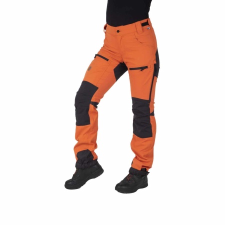 Orange Nokko outdoor trousers for women shown from the front on the model
