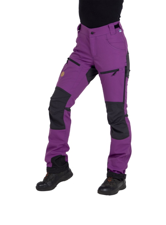 Nekko Purple outdoor pants for women shown from the front on a model
