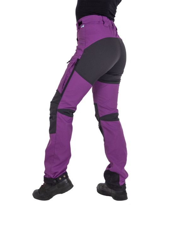Nokko Purple outdoor pants for women shown from the back on a model