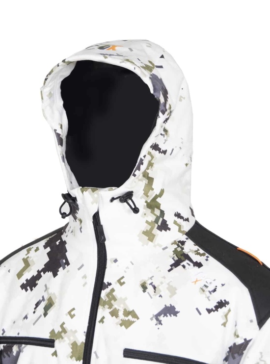 The hood in Naruska snow camo hunting jacket is tunnel-shaped