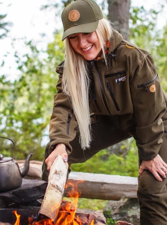 Karelia Forest Green hunting trousers on a female model