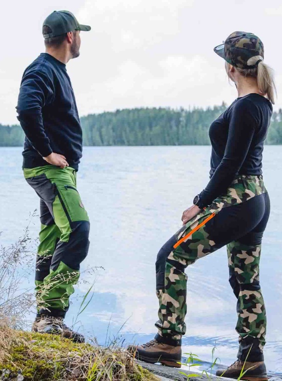 Nokko Camo women’s outdoor trousers and Nokko Green men's outdoor trousers