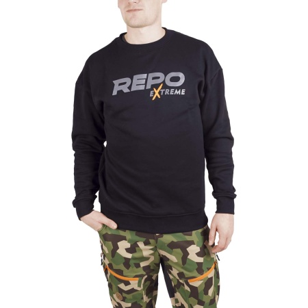 Repo men's crewneck college from the front on a model