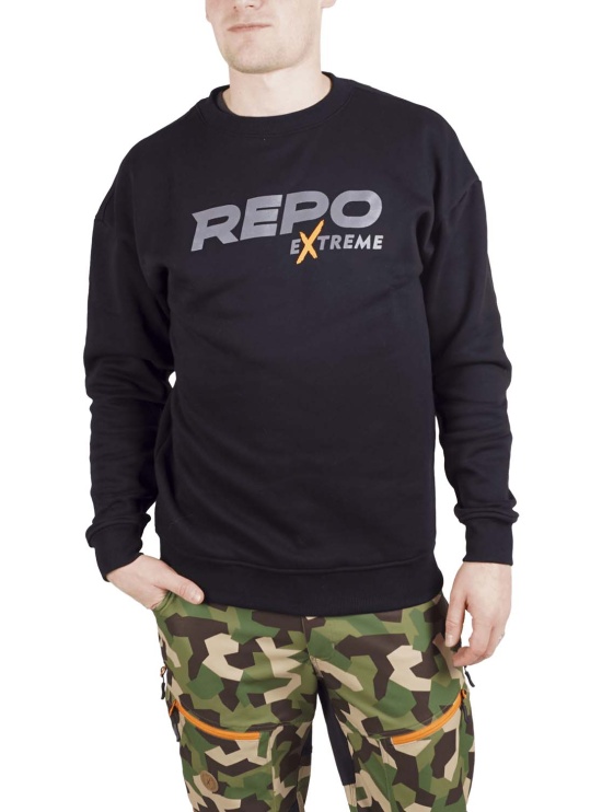 Repo men's crewneck college from the front on a model