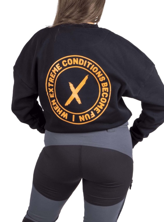 Repo women's crewneck college from the back on a model